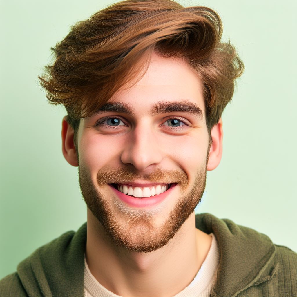 Hombre con barba sonriendo en un fondo verde claro, con una sudadera verde oscuro y una camiseta blanca debajo